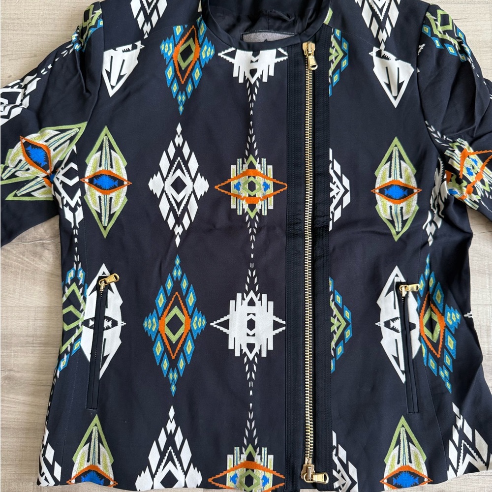 Etro Black Jacket with Aztec Print and Asymmetrical Gold Zipper - Picture 2 of 7